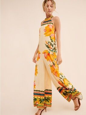 FARM Rio Cream Halter Jumpsuit with Yellow Floral Border